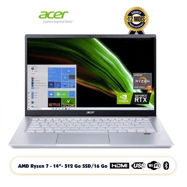 Acer Swift X Écran 14 Full Hd AMD Ryzen 7 5800U NVIDIA RTX 3050Ti 4 GB 16Gb Lpddr4X 512Gb SSD Wi Fi 6 Windows 10 Home
