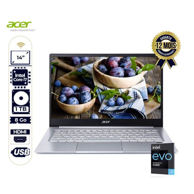 Acer Swift 3 Evo Écran 14 FHD Intel Core i7 1165G7 Intel Iris Xe Graphics 8Gb Lpddr4X 1Tb NVMe SSD WiFi 6 Empreinte Digitale Clavier Qwerty Rétro Eclaire